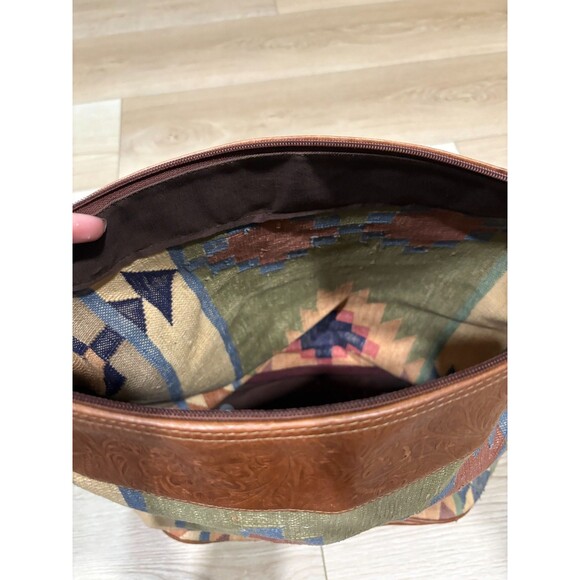 vintage Large Boho Tote Bag Crossbody Strap Aztec Weave Brown Leather Trim - Picture 5 of 7
